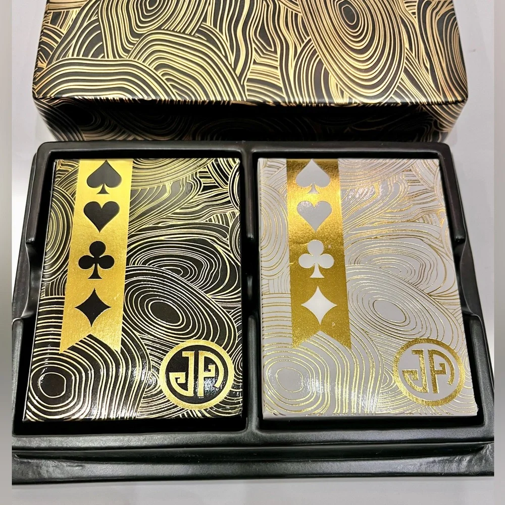 Jonathan Adler Playing Card Set W/ Black Gold Swirl Porcelain Container Holder